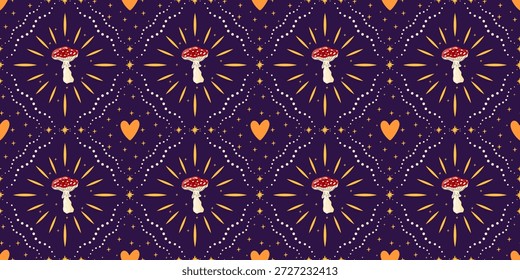 Caprichoso patrón sin fisuras de setas con sentimiento de bosque acogedor y mágico. Ideal para textiles de vivero, empaques de Halloween y diseños forestales de moda.