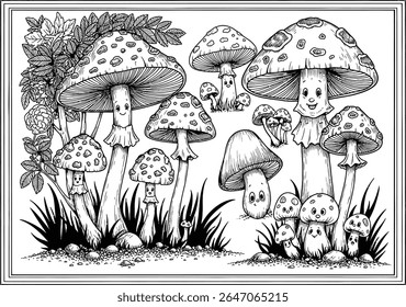 Whimsical Mushroom Village A Black and White Fantasy Scene Featuring Smiling Fungi and Lush Foliage Creating a Dreamlike Forest Setting Perfect for Coloring Books and Creative Projects