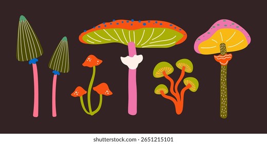 Cogumelos whimsical conjunto retro. Elementos de design de outono bonito desenhado à mão para cartões de saudação, adesivos, distintivos. Mistério e fantástica coleção de plantas de fungos florestais