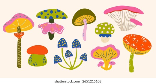 Cogumelos whimsical conjunto retro. Elementos de design de outono bonito desenhado à mão para cartões de saudação, adesivos, distintivos. Mistério e fantástica coleção de plantas de fungos florestais