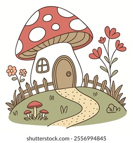 A whimsical mushroom-shaped house with flowers and a path.