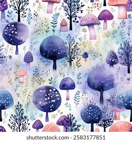 Whimsical mushroom-themed seamless forest landscape with vibrant hues of purple, pink, and blue. Watercolor background blends artistry with nature, playful seamless vector pattern of mushrooms, trees 