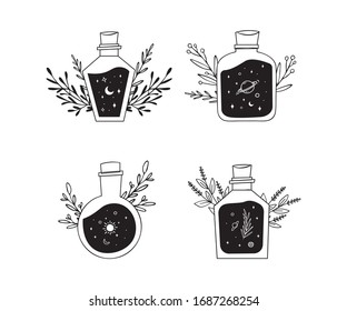 Whimsical Mystic Bottle Moon Star Planet Plant Logo Icon