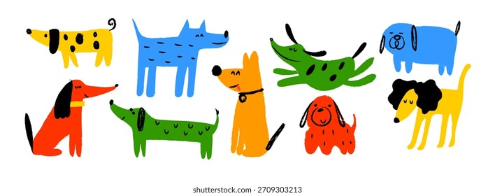 Um conjunto de ilustração vetor caprichoso e ingênuo com um maço alegre de cães coloridos em poses divertidas e raças diferentes, perfeito para vestuário infantil, decoração de berçário, marca de animais