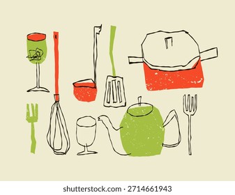 Um conjunto de ilustração vetorial caprichoso e ingênuo com utensílios de cozinha essenciais e ferramentas de cozinha em um estilo de doodle divertido e texturizado, perfeito para blogs gastronômicos, marca de restaurante