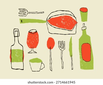 Um conjunto de ilustração vetorial caprichoso e ingênuo com utensílios de cozinha essenciais e ferramentas de cozinha em um estilo de doodle divertido e texturizado, perfeito para blogs gastronômicos, marca de restaurante