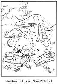 whimsical, nature-themed children's coloring book, cute bunnies having a picnic under large mushrooms.