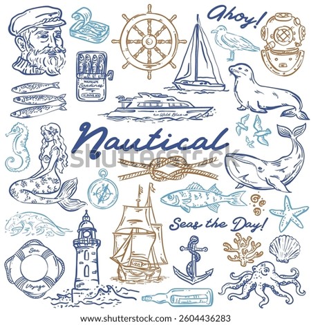 Whimsical Nautical hand drawn illustrations, vector set, collection
