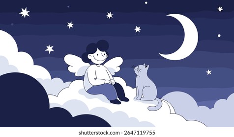 Uma viagem noturna encantadora Um anjo toca flauta para um amigo felino