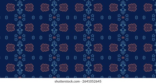 Whimsical night pattern with blue and red animal shapes, outlined in green over dark background. Ideal for fantasy or sleep-themed designs.