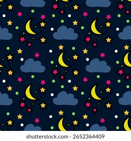 Whimsical night pattern with moons and stars.