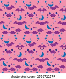 Whimsical night sky pattern with purple clouds, stars, and crescent moons on a pink background. Perfect for kids' designs, wallpapers, and stationery.