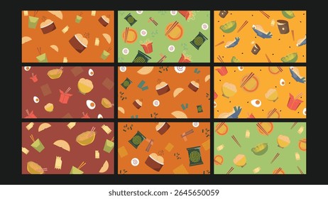 Whimsical noodle-themed design with ramen bowls, chopsticks, eggs, and packets. Ideal for Asian cuisine branding, food packaging, and restaurant themes.
