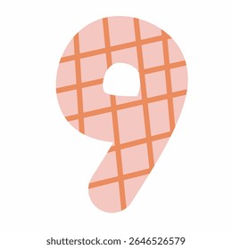 Whimsical number nine featuring a criss-cross grid pattern in coral and orange tones. Perfect for educational materials, kid’s games, or playful classroom decor.