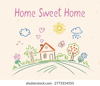 Whimsical nursery wall art featuring a cozy small house with heart-shaped smoke, sun, and spring flowers. Children's naive art style crayon sketch with 
