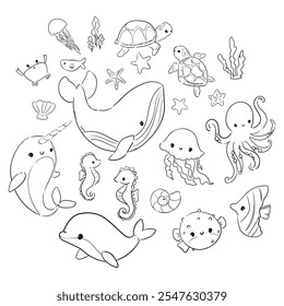 Whimsical Ocean Cute Sea Creatures Vector Set Hand drawn