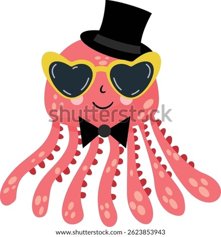 Whimsical Octopus Character Wearing Hat and Sunglasses
