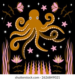 Ilustração Vetorial De Polvo Caprichoso. Colorido polvo estilizado cercado por flores, algas marinhas e estrelas-do-mar sobre fundo preto. Uma cena marinha lúdica e surreal com elementos decorativos vintage.