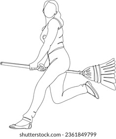 Whimsical One-Line Cartoon Sketch: Woman Flying with Broomstick, Fantasy Artwork: Hand-Drawn Cartoon of Woman in Flight with Broom, Enchanting Image of a Woman on Broomstick