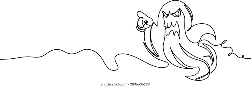 A whimsical one-line drawing of a menacing ghost character pointing forward, evoking a sense of playful fright and Halloween spirit.