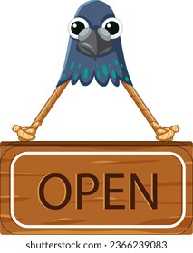 A whimsical open sign banner featuring a pigeon face in a vector cartoon style
