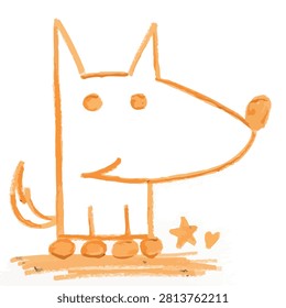 A whimsical orange hand drawn illustration of a stylized dog with a star and heart next to it