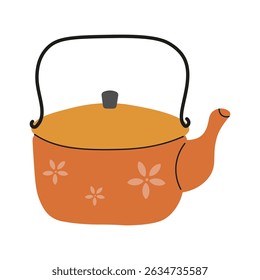 Whimsical orange teapot with floral design on a plain background. Flat style vector illustration.