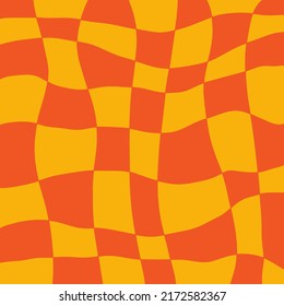 Whimsical orange wavy checkered pattern, background. Joyful texture to use for backdrops, invitation, greeting cards, posters, wrapping paper, scrapbooking or banners. Vector illustration.