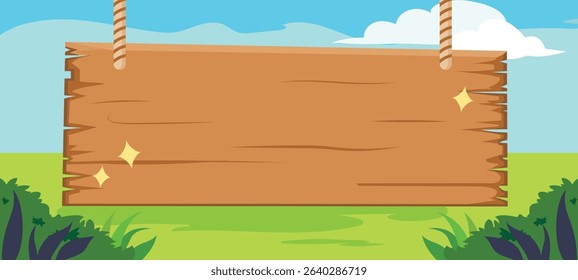 A whimsical outdoor scene featuring a rustic wooden signboard suspended by two ropes against a serene blue sky with fluffy white clouds
