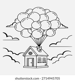 A whimsical outline drawing shows a small house being lifted into the sky by a large cluster of balloons, surrounded by simple, fluffy clouds.