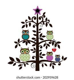 Whimsical owl family in a tree 