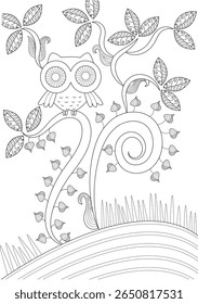 Whimsical Owl Line Art for Coloring, Detailed Nature Illustration with Zen Doodle Elements for Stress Relief