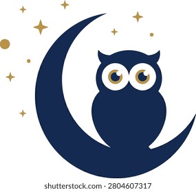 A whimsical owl perched on a crescent moon surrounded by stars in a night sky setting