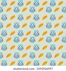 Whimsical Owls and Golden Leaves Seamless Pattern on Light Green Background