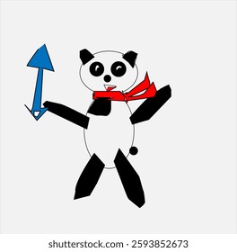 a  whimsical   panda character   dressed   in a red   scarf ,  playfully  pointing  an  arrow   upward  ,  perfect  for  children 's  illustrations.