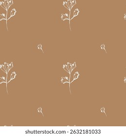 Whimsical parsley seamless pattern in white on mustard sandy background with hand drawn flowing lines