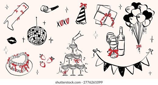 Whimsical party doodle set with birthday cake, cocktails, balloons, ribbons and hand drawn celebration elements ideal for bachelorette events and wedding decorations.