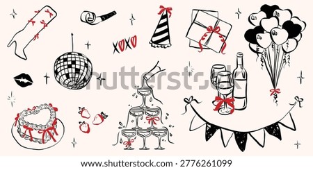 Whimsical party doodle set with birthday cake, cocktails, balloons, ribbons and hand drawn celebration elements ideal for bachelorette events and wedding decorations.