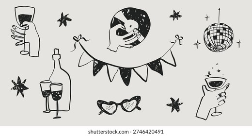 Whimsical party elements and wine sketch collection with doodle style bottles and glasses. Vintage restaurant menu icons and hand drawn decorations in chalk texture. Vector illustration.