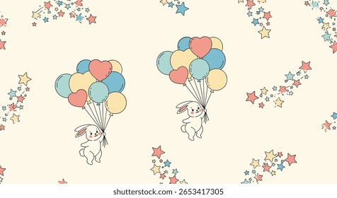 Whimsical pastel balloons floating amidst a delicate starry floral pattern background