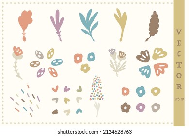 Whimsical pastel botanicals icon element set. Floral vector motifs for gender neutral baby collection. Simple hand drawn minimal small decorative flowers, leaf, doodle drawing.