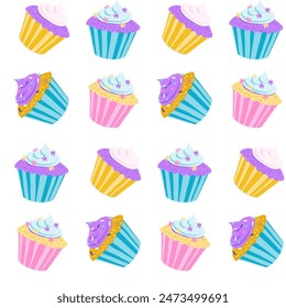 Whimsical Pastel Desserts cupcakes - Colorful Vector Illustration for Fabrics, Wallpapers, and Stationery. Flat style vector illustration seamless background pattern