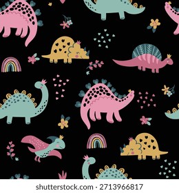 Whimsical Pastel Dinosaurs Seamless Pattern on Black