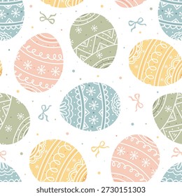 Whimsical Pastel Easter Eggs  seamless pattern featuring hand-drawn  decorative folk and doodle details. Soft spring color palette with a whimsical and playful style, perfect for kids products, nursery designs, fabric, wallpaper, wrapping paper, scrapbooking, and seasonal backgrounds.