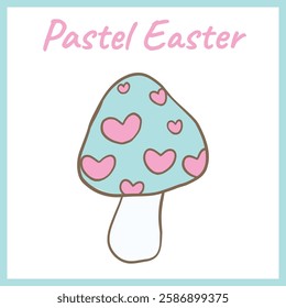 Whimsical pastel mushroom with a blue cap decorated with pink hearts, creating a cute and fantasy-inspired design perfect for spring themes