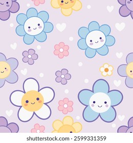 Whimsical Pastel Pattern with Smiling Flowers and Sparkles