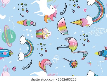 Whimsical Pastel Pattern with Unicorns, Cupcakes, and Space for Kids