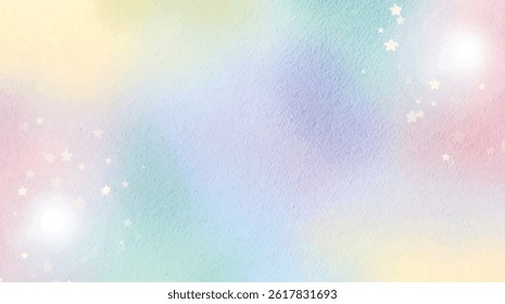 Whimsical pastel rainbow background with soft gradients and small white floral elements