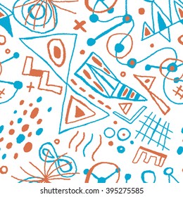 Whimsical pattern in blue and red. Cool geometric seamless pattern for your cheerful designs. Vector
