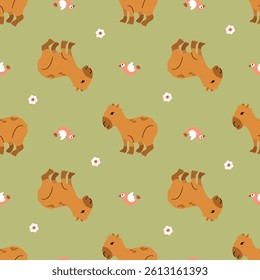 Whimsical pattern with capybara and birds. Design for fabric, textile, wallpaper, packaging
